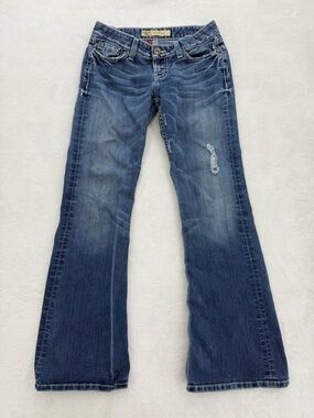 Vintage Buckle Star Flare Jeans Size 26 x 31.5 Y2K Festival Concert Distressed